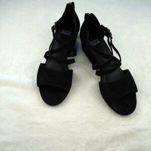 Eileen Fisher Kyra Black Suede Strappy Sandals 7.5 Leather Sole Block Heel Zip
